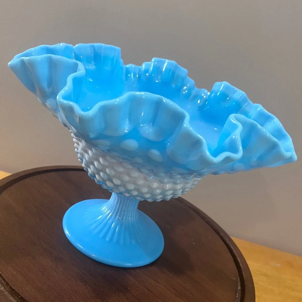 Vtg Fenton Blue Slag Hobnail Dbl Ruffled Pedestal Compote Bowl MCM Art Glass